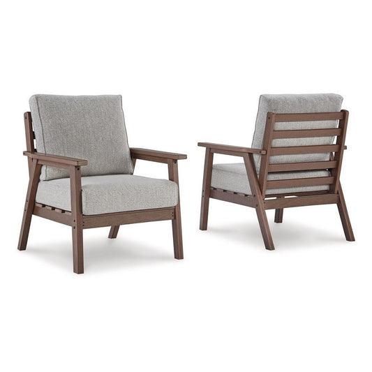 Emme 32 Inch Outdoor Lounge Chair Set of 2, Brown Frame, Gray Cushions By Casagear Home