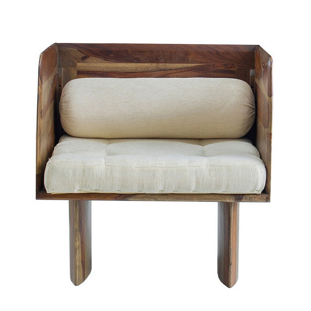 30 Inch Accent Chair, Panel-Style Legs, Tufted, Brown Wood, Beige Cotton By Casagear Home