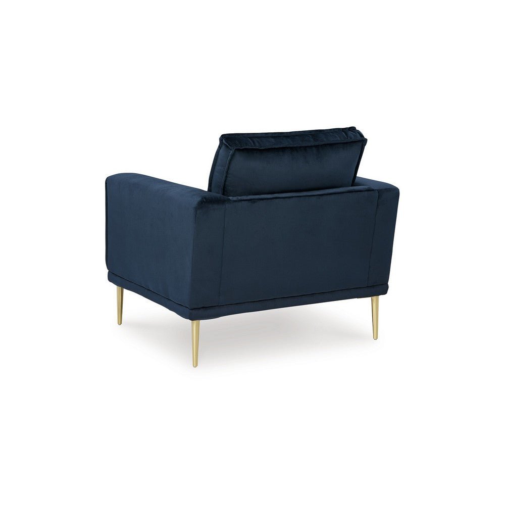 Maca 35 Inch Accent Chair, Navy Blue Polyester and Brass Metal Legs By Casagear Home