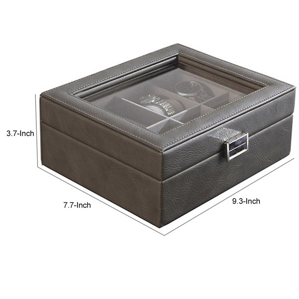 9 Inch Watch Case with 8 Spaces, Gray Faux Leather, Lined, Glass Lid, Black By Casagear Home