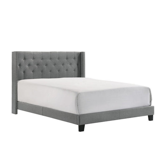 Lih Full Bed, Tufted Headboard, Wood Frame, Fabric, Black Legs, Gray By Casagear Home
