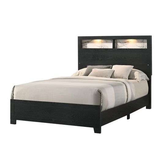 Yoh King Size Bed, Wood, Headboard with Lights and Shelves, Black By Casagear Home