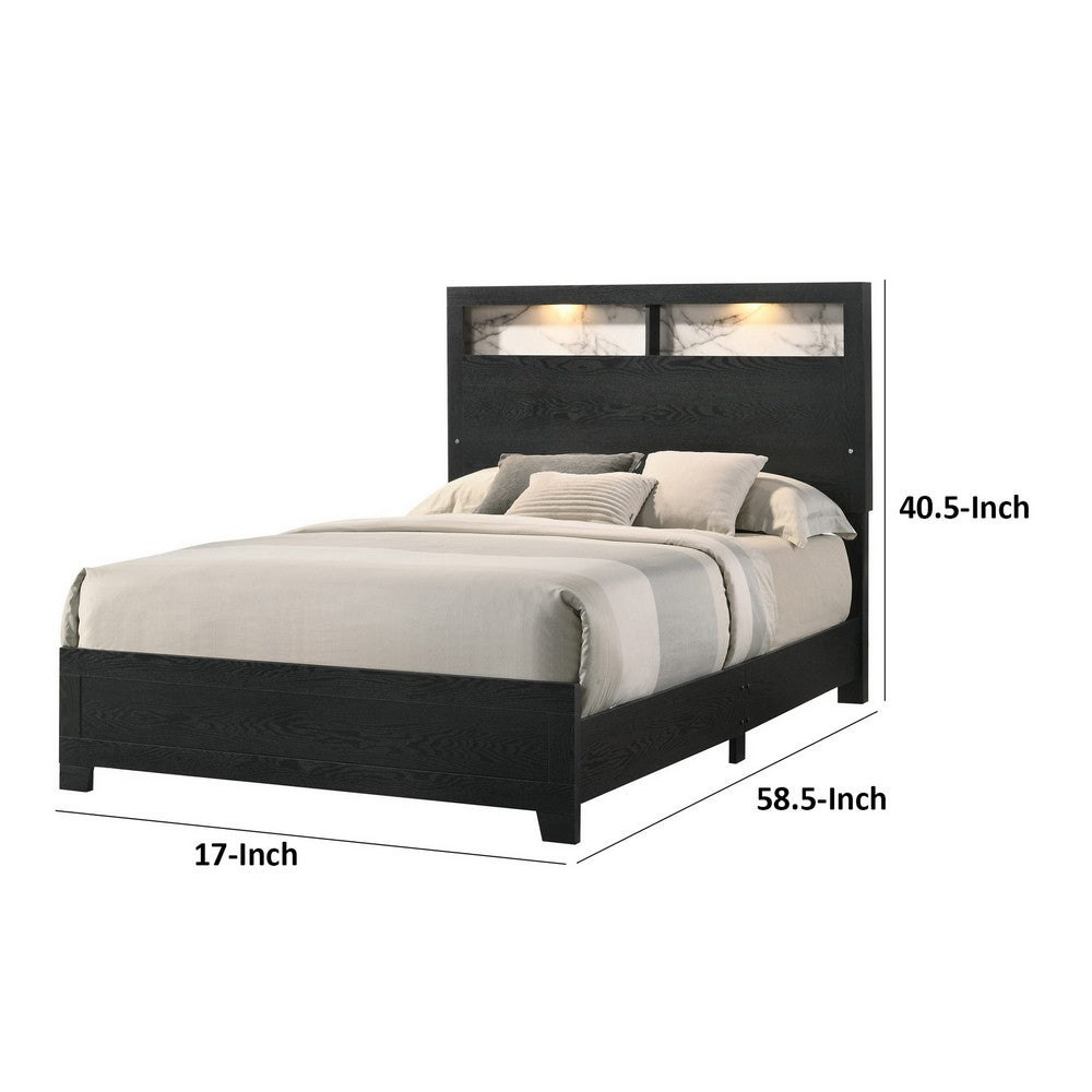 Yoh King Size Bed, Wood, Headboard with Lights and Shelves, Black By Casagear Home
