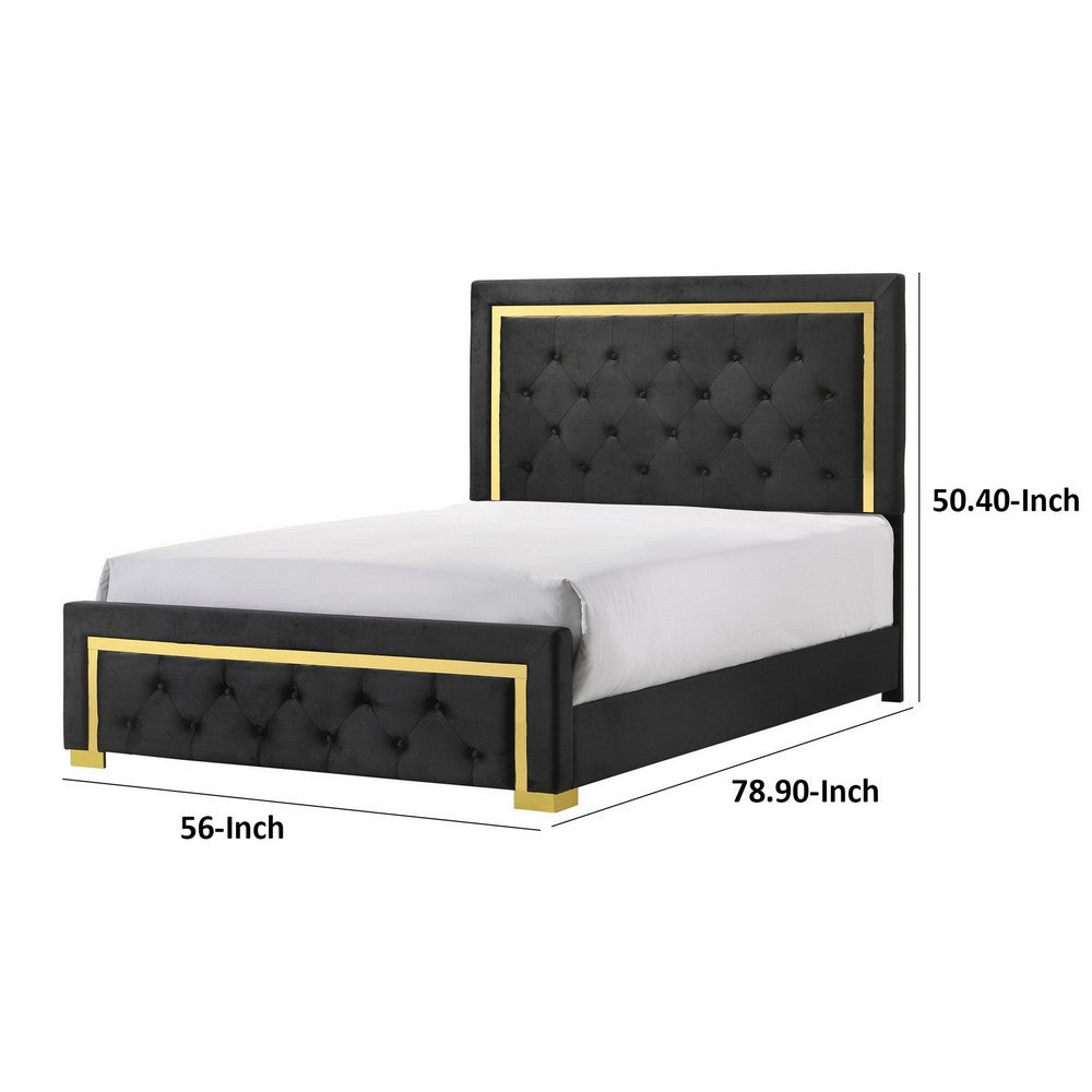 Robin Full Size Bed, Platform Base, Gold, Button Tufted Black Upholstery By Casagear Home