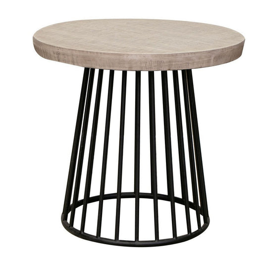 Rita 25 Inch Side End Table, Open Cone Base, Off White Wood, Black Metal By Casagear Home