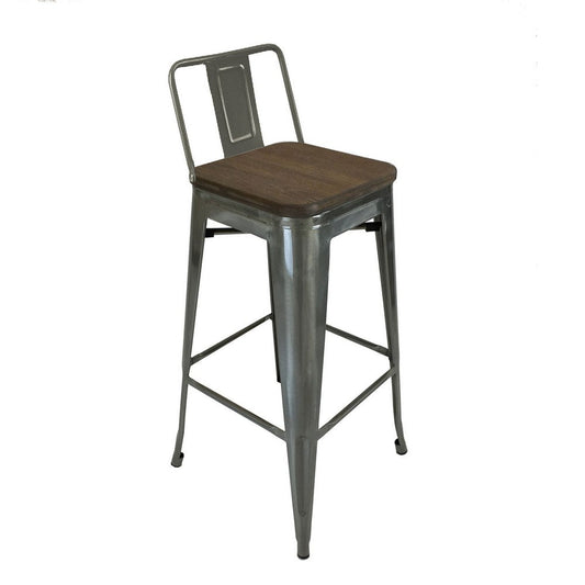 Trace 30 Inch Barstool Chair, Low Back, Wood Seat, Light Gray Metal By Casagear Home