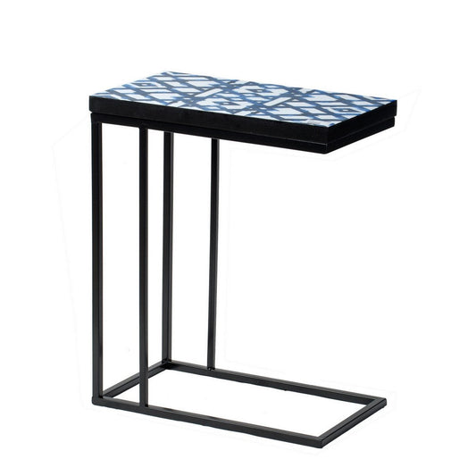 24 Inch Side Table, C Shaped, Indigo Patterned Top, Iron Frame, Black  By Casagear Home
