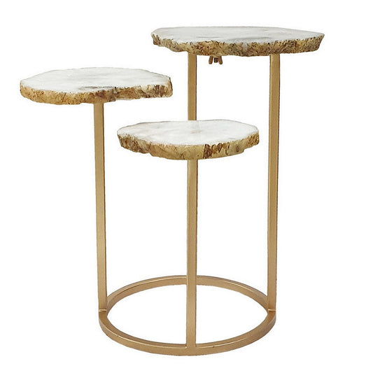 18 Inch Accent Side Table, 3 Tier Design, White Agate Top, Gold Iron Base By Casagear Home