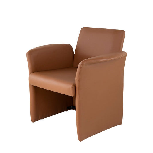 32 Inch Accent Chair, Curved, Extended Back, Caramel Brown Faux Leather By Casagear Home