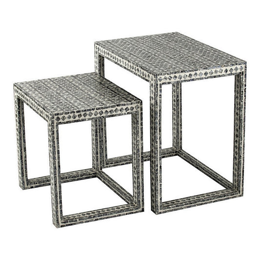 Set of 2 Nesting Side End Tables, Capiz Inlaid Design, Gray and White By Casagear Home