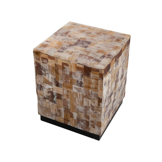 19 Inch Side End Table Stool, Square, Resin Patchwork Style Design, Brown By Casagear Home