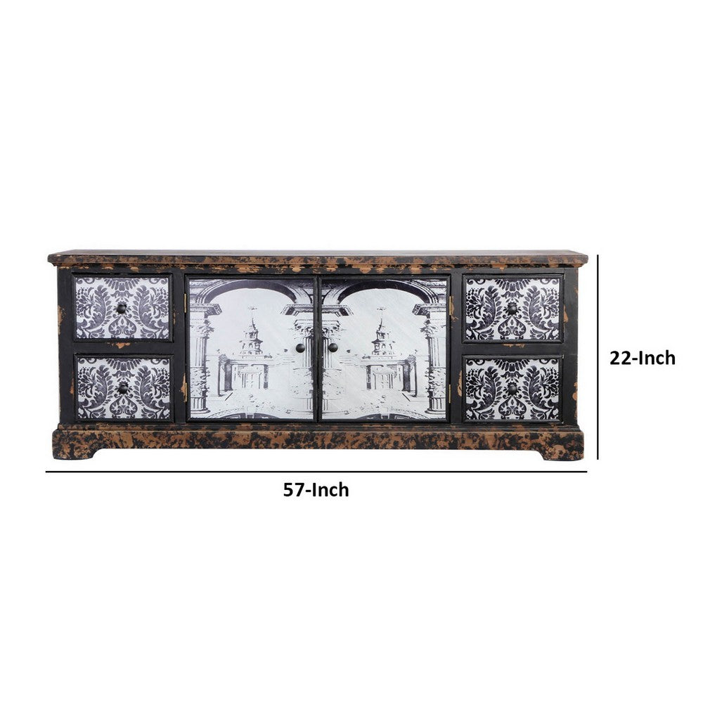 57 Inch Accent Sideboard Cabinet, White Damask Print Drawers, Brown Wood By Casagear Home