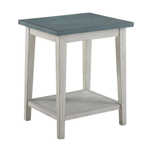 Eleni 24 Inch Side Table, Square Bottom Shelf, Antique White and Teal Wood By Casagear Home