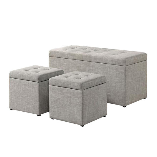 Uriel 3 Piece Storage Bench and 2 Nesting Ottomans, Tufted Light Gray Beige By Casagear Home