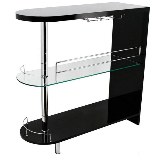Zaina 42 Inch Modern Bar Table, 3 Shelves, Tempered Glass, Black, Chrome By Casagear Home