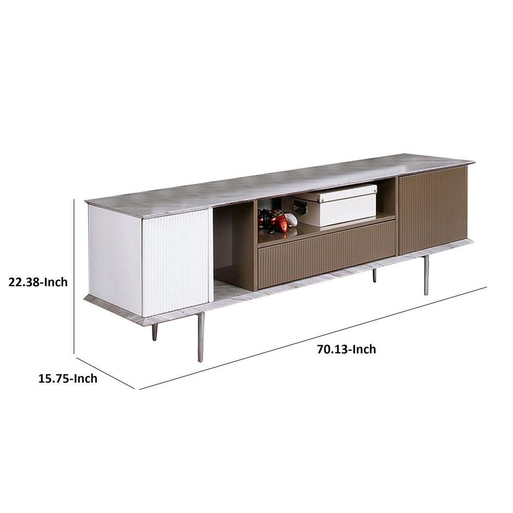 70 Inch TV Entertainment Console, 1 Drawer, Shelves, White, Brown, Gray By Casagear Home