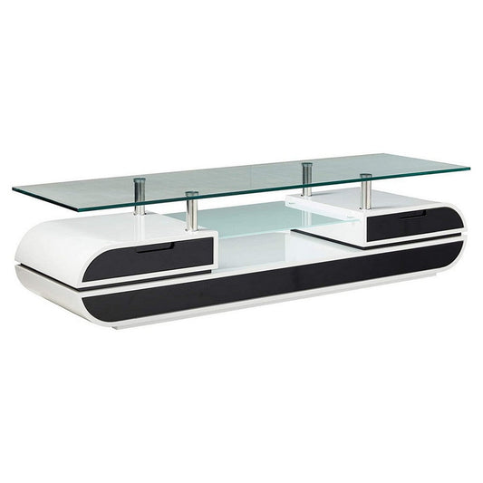 63 Inch TV Entertainment Console, Glass Top, Chrome Posts, Black, White By Casagear Home