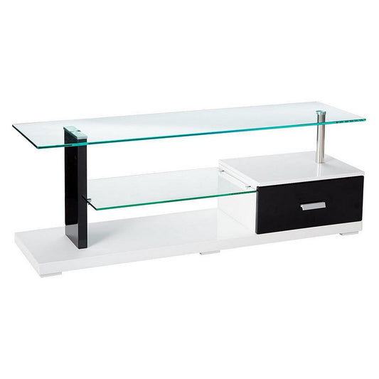 55 Inch TV Entertainment Console, Glass Top, Chrome Posts, Black, White By Casagear Home