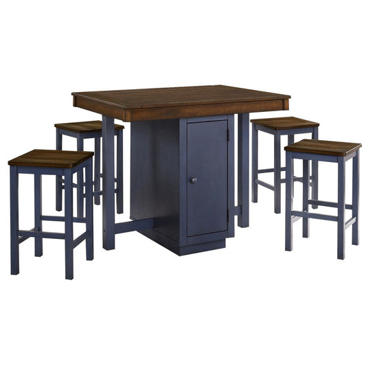 5 Piece Counter Height Dining Table Set, 4 Stools, Antique Oak, Blue Wood By Casagear Home