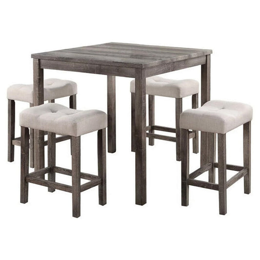 5 Piece Counter Height Table Set with 4 Stools, Beige Fabric, Gray Wood By Casagear Home