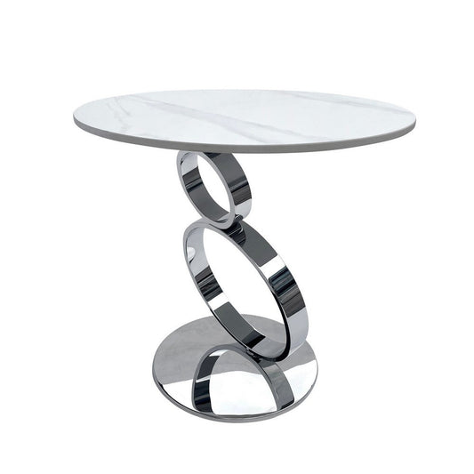 Tiyo 22 Inch Accent End Table, White Round Sintered Stone Top, Silver Steel By Casagear Home