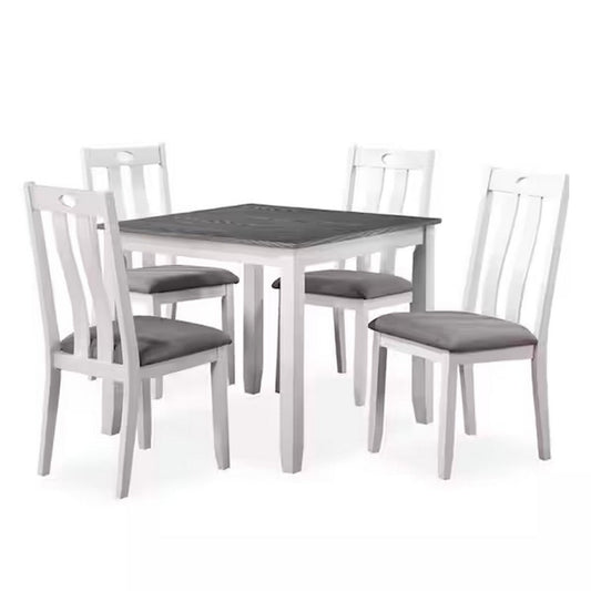 Helio 5 Piece Dining Table and Chairs Set, White Wood, Gray Fabric Seats By Casagear Home