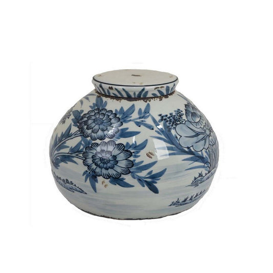 9 Inch Ginger Jar, White and Blue Floral Print, Round, Removable Lid, Gold By Casagear Home