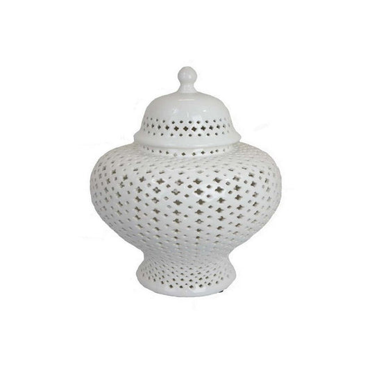 15 Inch Temple Jar, Pierced Carved Lattice Design, Removable Lid, White By Casagear Home