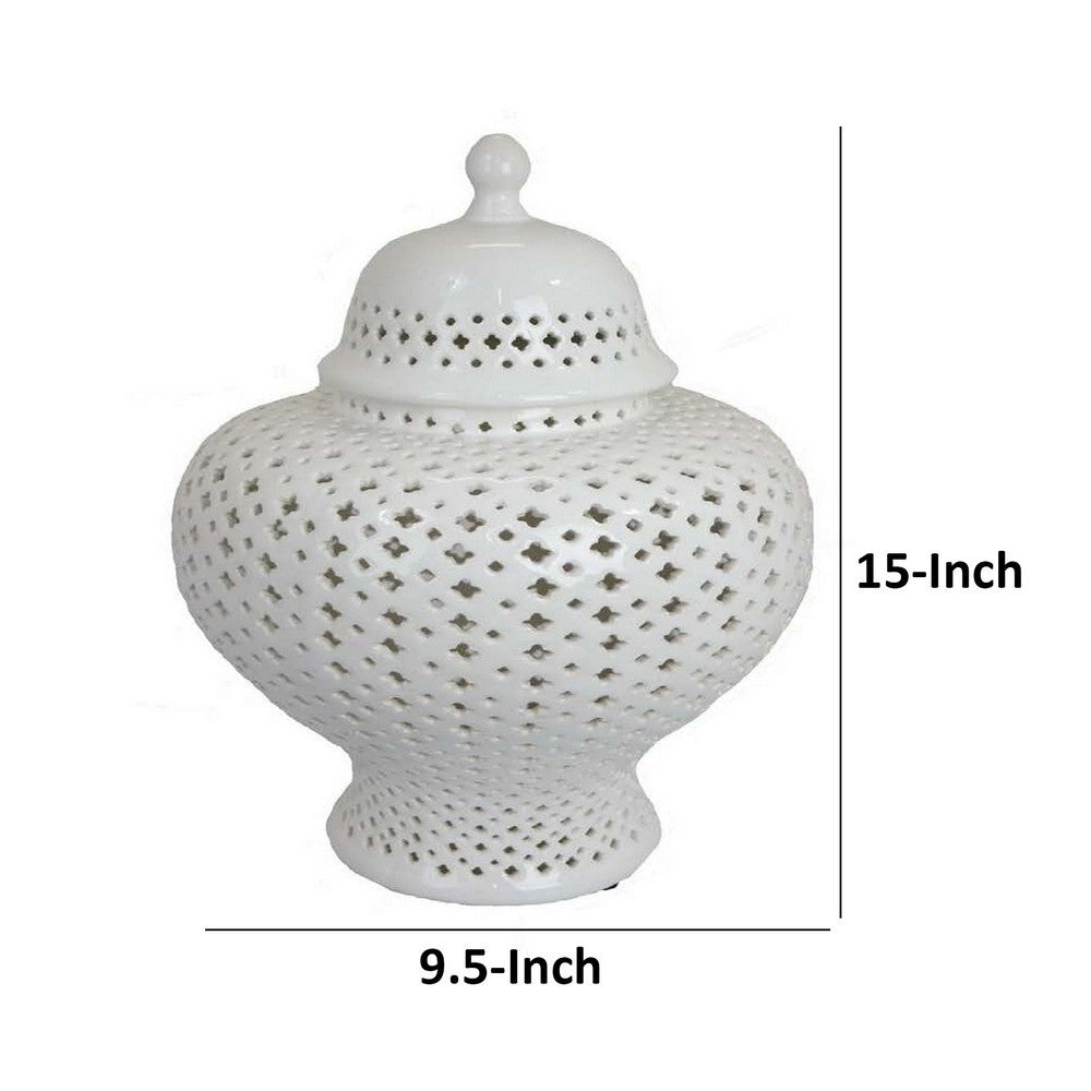 15 Inch Temple Jar, Pierced Carved Lattice Design, Removable Lid, White By Casagear Home