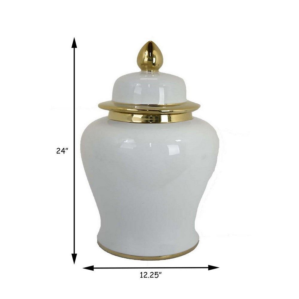 24 Inch Decorative Temple Jar with Gold Accents, Ceramic, White Finish By Casagear Home