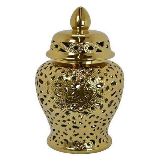 24 Inch Decorative Temple Jar, Pierced Details, Dome Lid, Gold Ceramic By Casagear Home