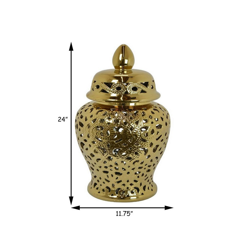 24 Inch Decorative Temple Jar, Pierced Details, Dome Lid, Gold Ceramic By Casagear Home