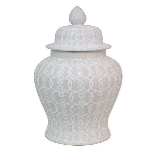 25 Inch Pierced Temple Jar, Carved Out Details, Dome Lid, White Ceramic By Casagear Home