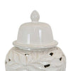 Heni 19 Inch Ceramic Temple Jar with Lid, Cut Out Leaf Motifs, White Finish By Casagear Home