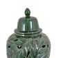 Heni 19 Inch Ceramic Temple Jar with Lid, Cut Out Leaf Motifs, Green Finish By Casagear Home