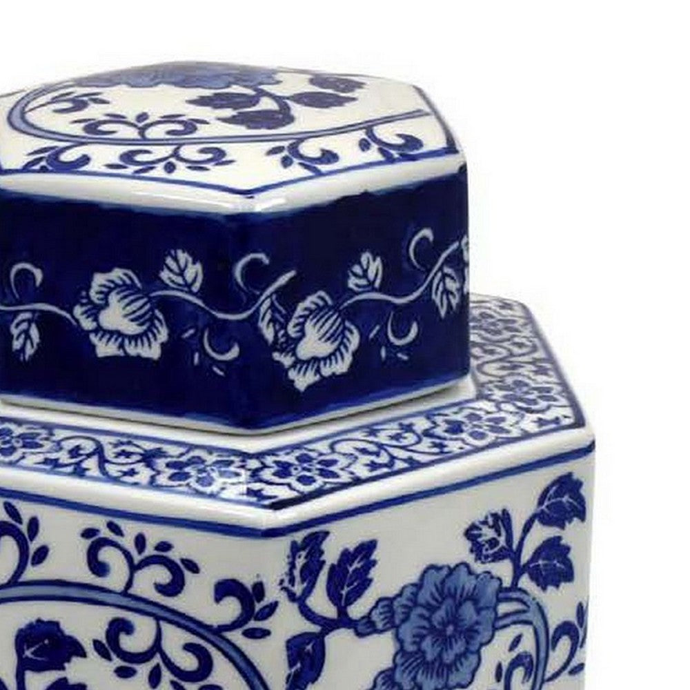 13 Inch Ceramic Ginger Jar with Lid, Intricate Floral Blue and White By Casagear Home