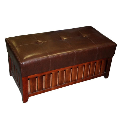 Storage Bench | Brown Faux Leather | Slatted Wood Frame