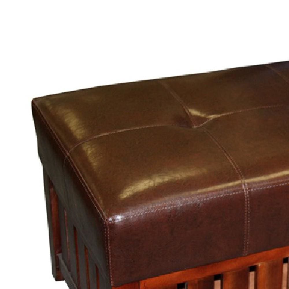 Leatherette Padded Storage Bench with Slatted Design on Frame Brown By Casagear Home BM94728