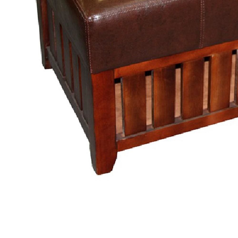 Leatherette Padded Storage Bench with Slatted Design on Frame Brown By Casagear Home BM94728