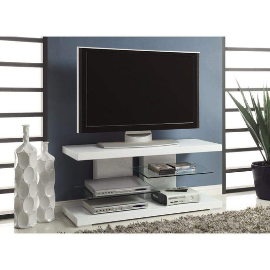 Charming white tv console with Alternating Glass Shelves
