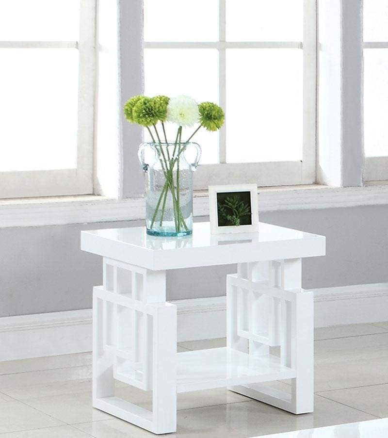 End Table | 22" Wood | Geometric Frame | 1 Shelf | Glossy White