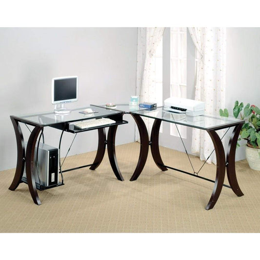 Sophisticated 3 Piece Desk Set With Glass Top, Clear And Brown