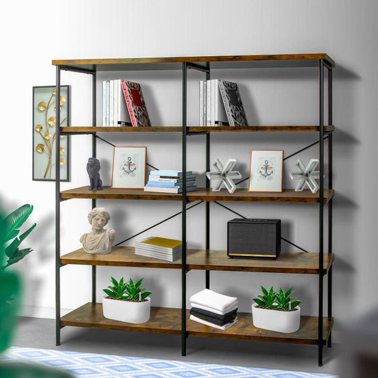 Olga 63 Inch Industrial 4 Tier Shelf Bookshelf, Particleboard, Metal Frame, Brown, Black By The Urban Port