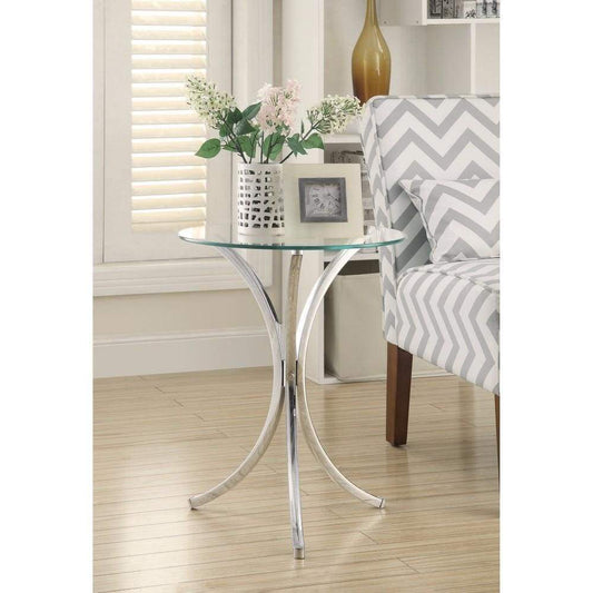Modish Metal Accent Table With Glass Top,Silver And Clear By Coaster