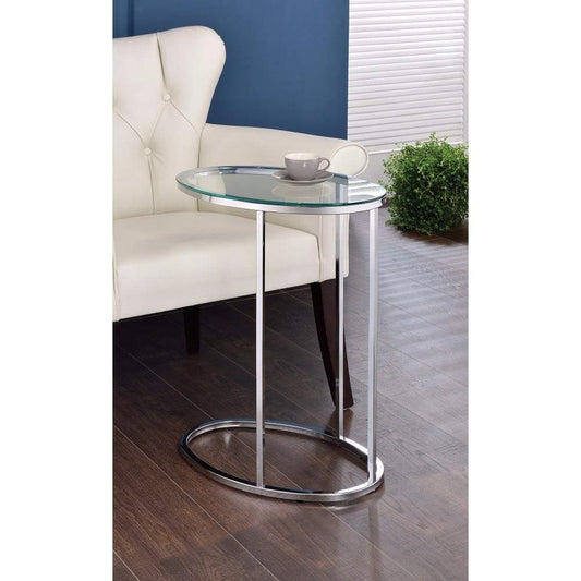 Stylish Oval Shaped Metal Snack Table With Glass Top, Silver By Coaster