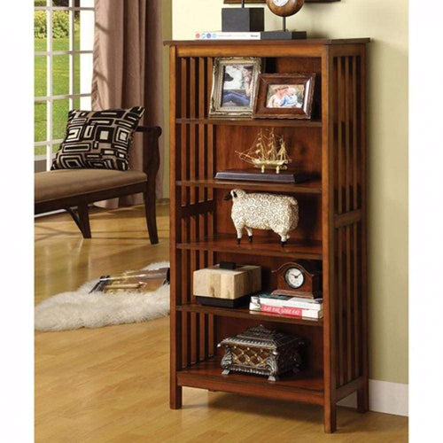 Media Shelf | 5 Tier Wood | Slatted Sides | Oak Brown
