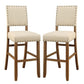 Counter Height Chair, Beige Fabric, Nailhead Trim, Set of 2, Brown Wood Legs By Casagear Home