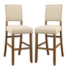 Counter Height Chair, Beige Fabric, Nailhead Trim, Set of 2, Brown Wood Legs By Casagear Home