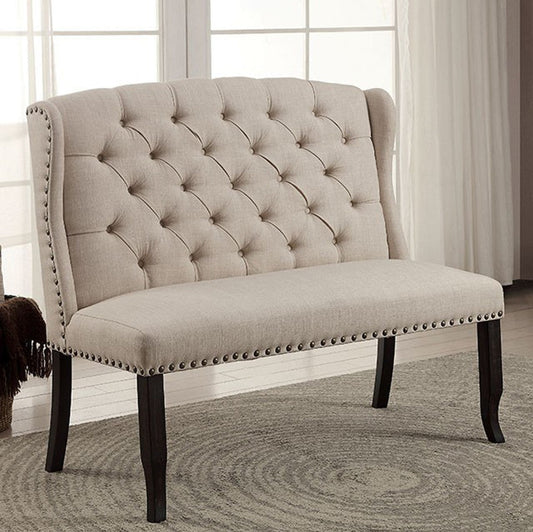 Nailhead Trim Fabric Upholstered Wing Back Wooden Bench, Beige and Black By Casagear Home