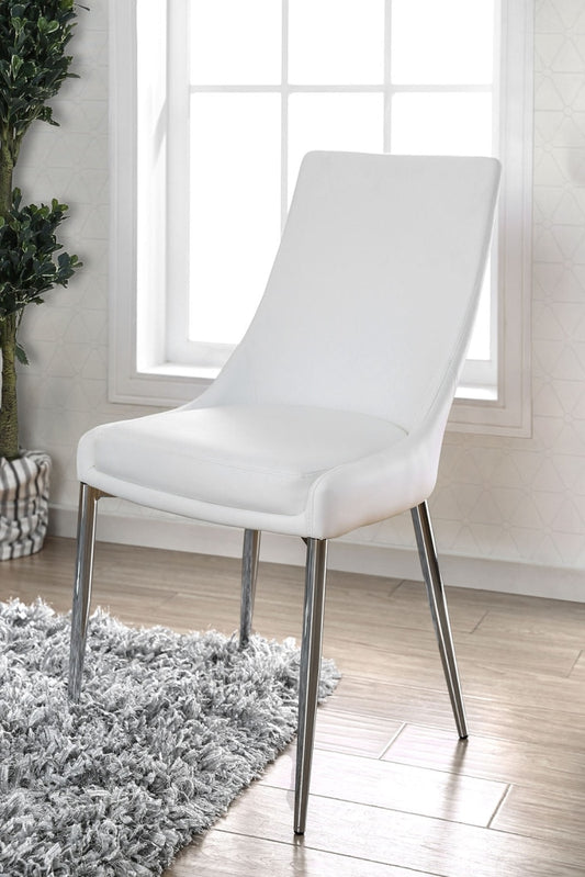 Leatherette Upholstered Metal Side Chair with Tapered Legs, Pack of Two, White and Silver By Casagear Home